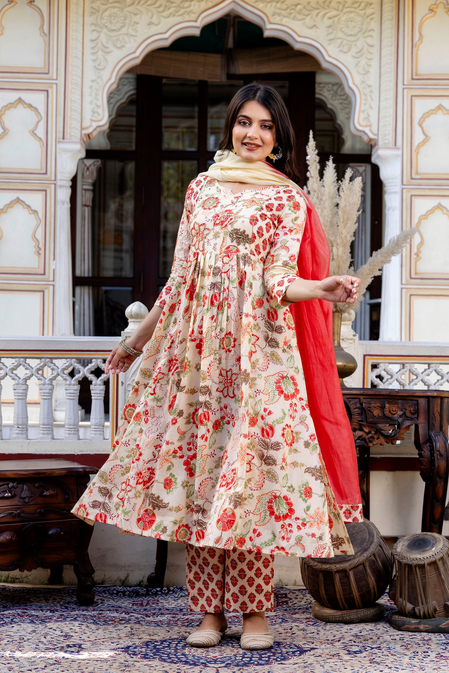 Pure cotton round neck hand-work kurta pant dupatta set