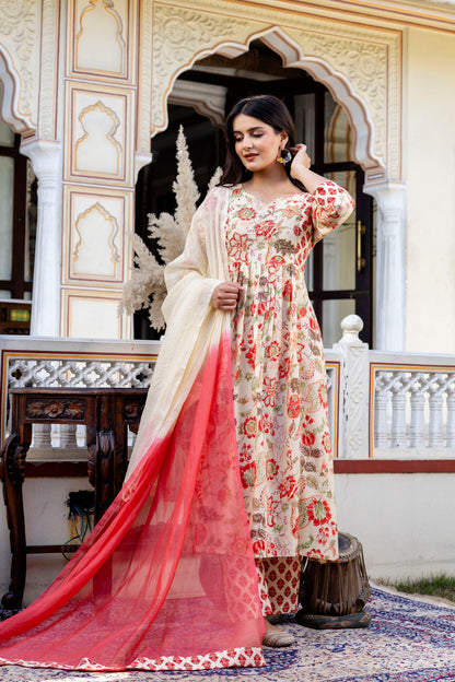 Pure cotton round neck hand-work kurta pant dupatta set