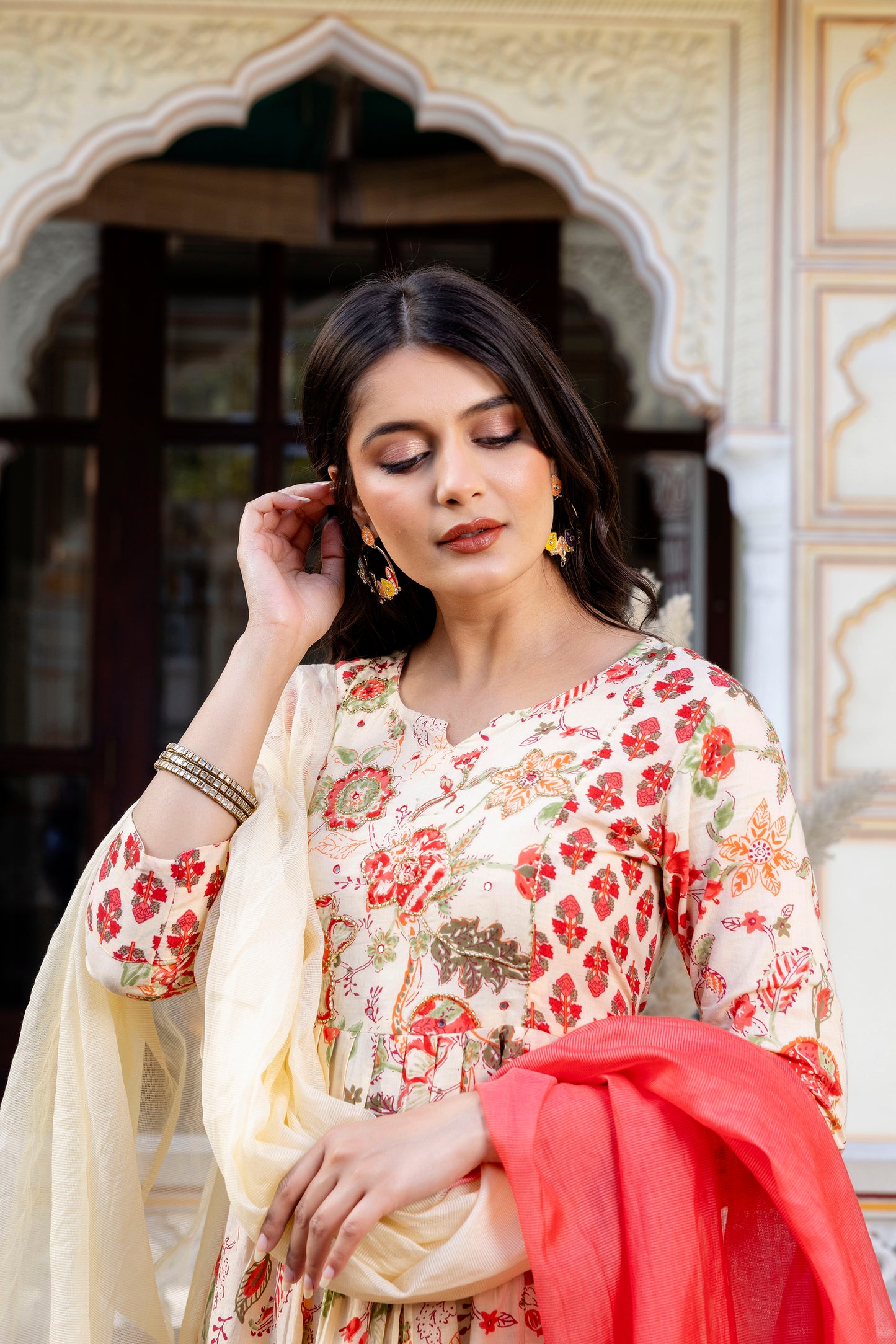 Pure cotton round neck hand-work kurta pant dupatta set