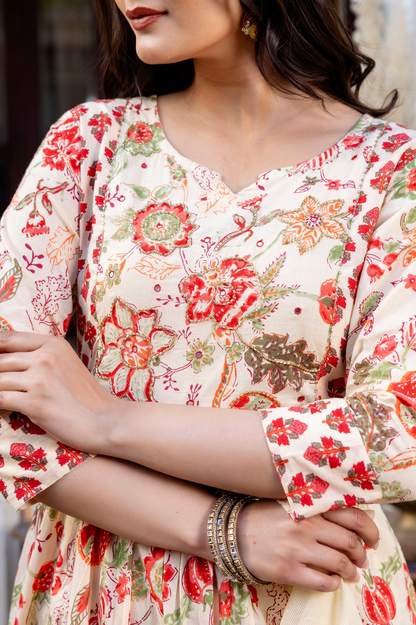 Pure cotton round neck hand-work kurta pant dupatta set