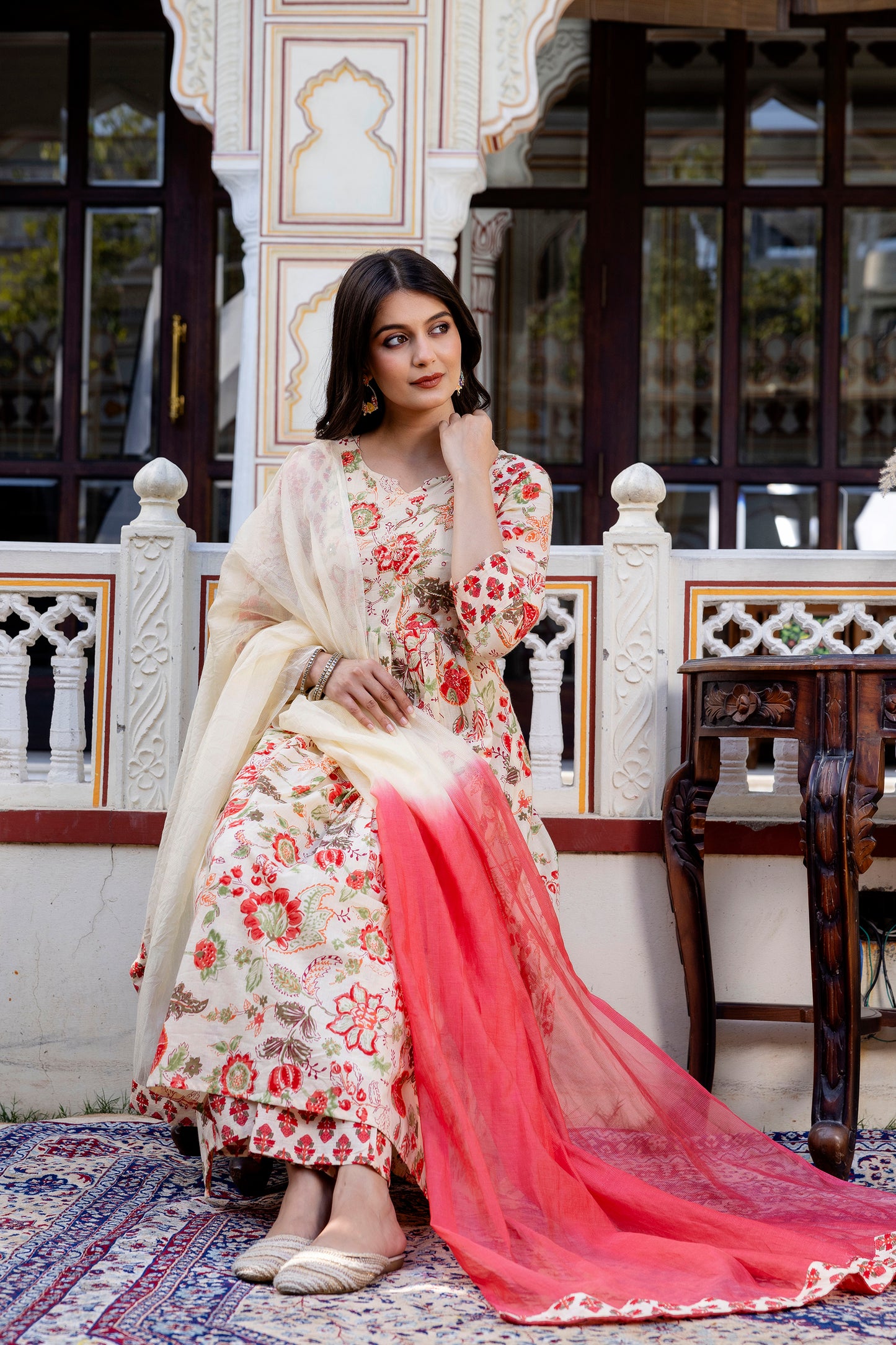 Pure cotton round neck hand-work kurta pant dupatta set