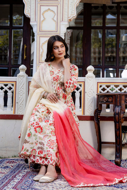 Pure cotton round neck hand-work kurta pant dupatta set