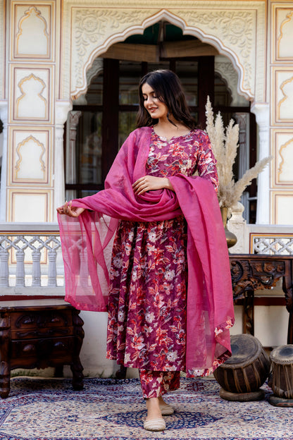 Pure cotton round neck hand work kurta pant dupatta set