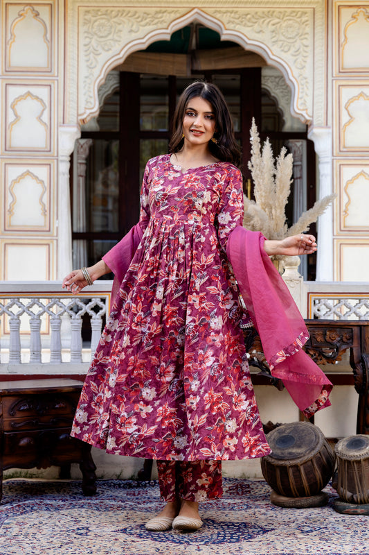 Pure cotton round neck hand work kurta pant dupatta set