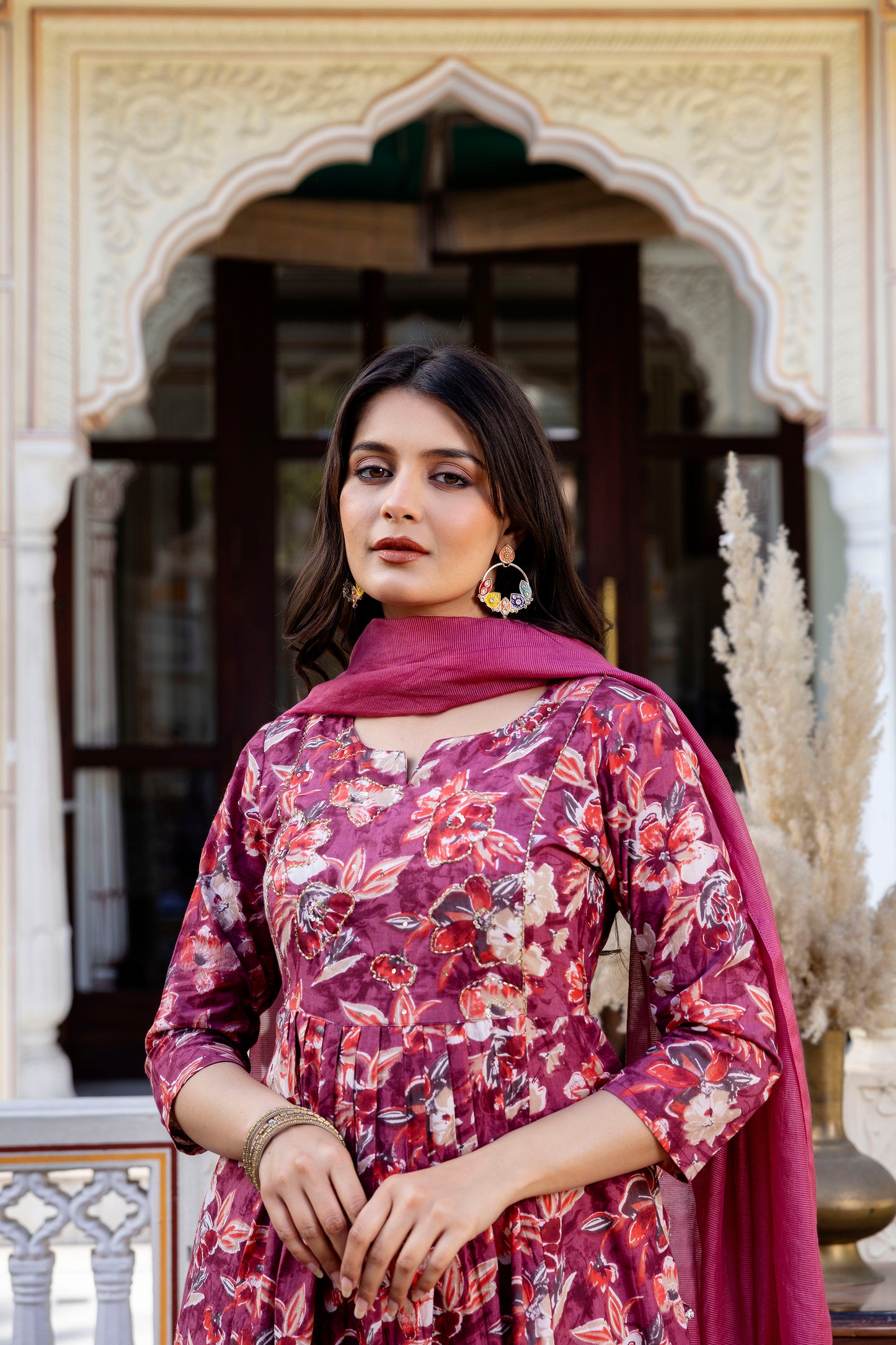 Pure cotton round neck hand work kurta pant dupatta set