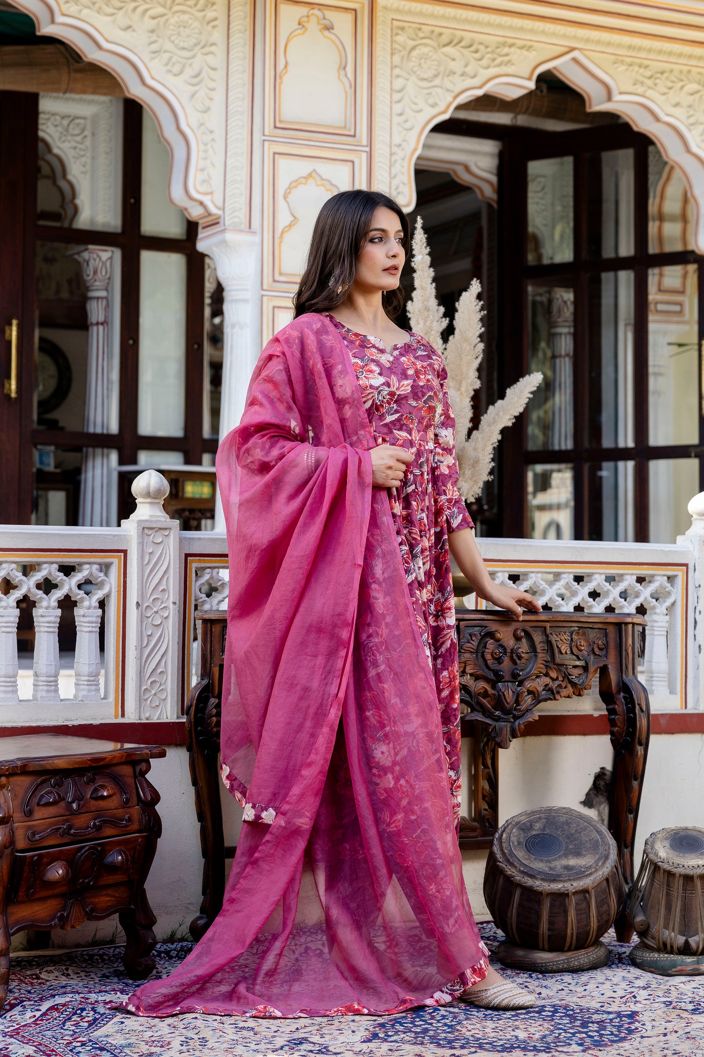 Pure cotton round neck hand work kurta pant dupatta set