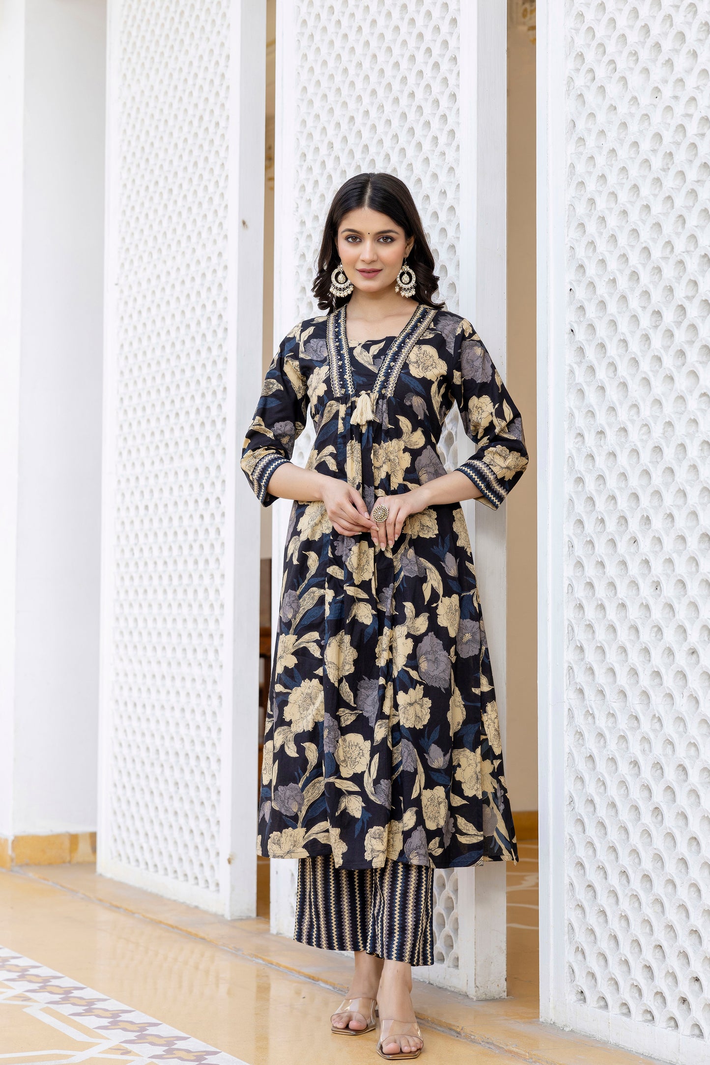 Pure cotton A-line Handwork kurta pant dupatta set