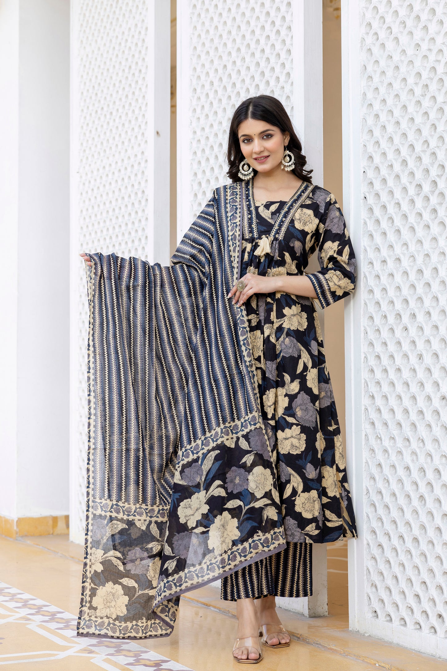 Pure cotton A-line Handwork kurta pant dupatta set