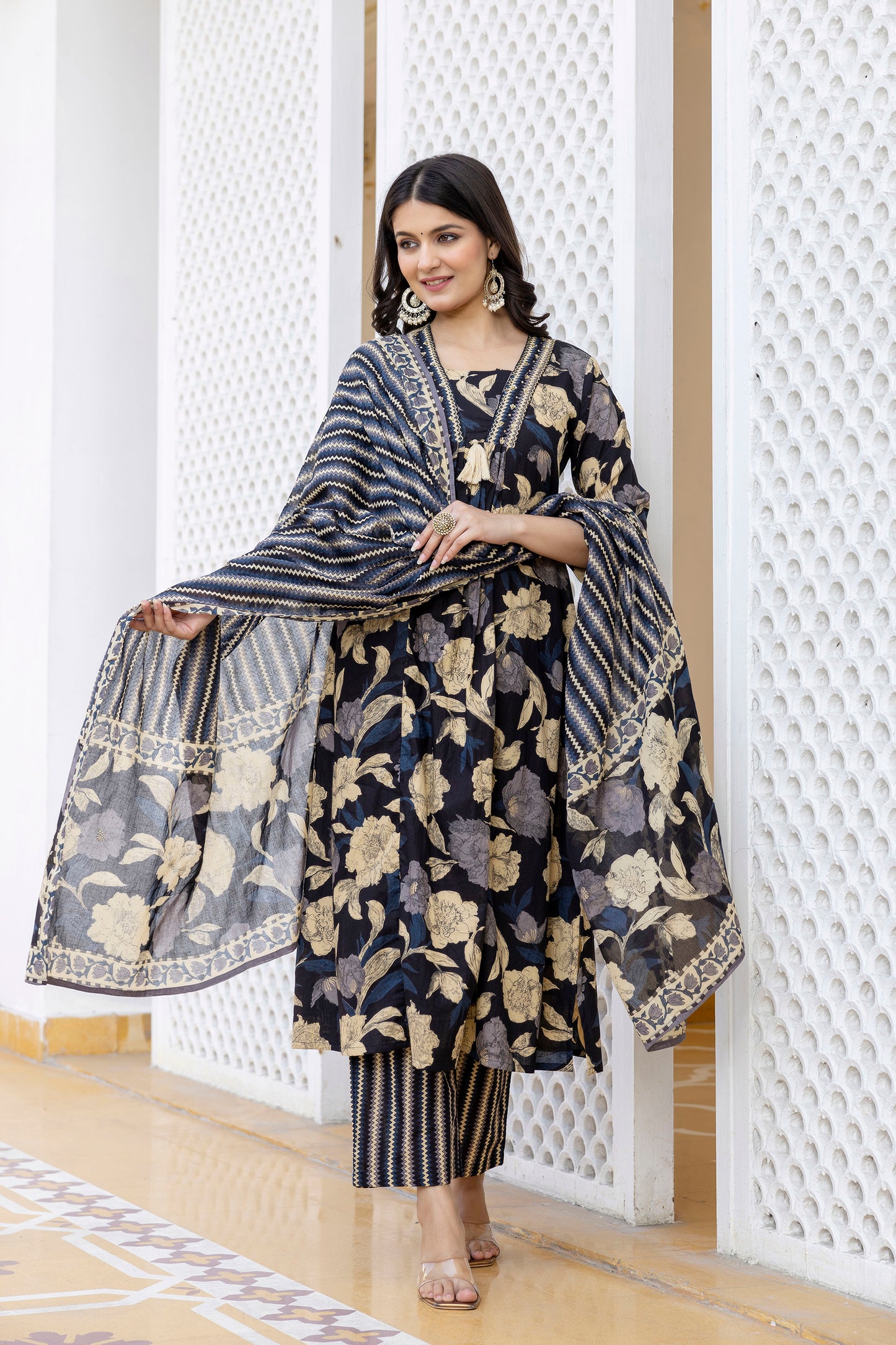 Pure cotton A-line Handwork kurta pant dupatta set