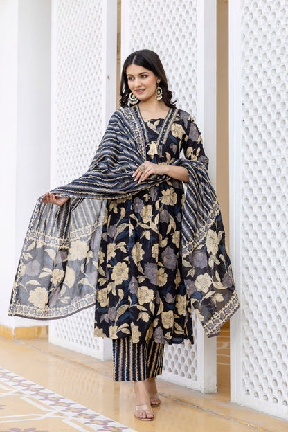 Pure cotton A-line Handwork kurta pant dupatta set