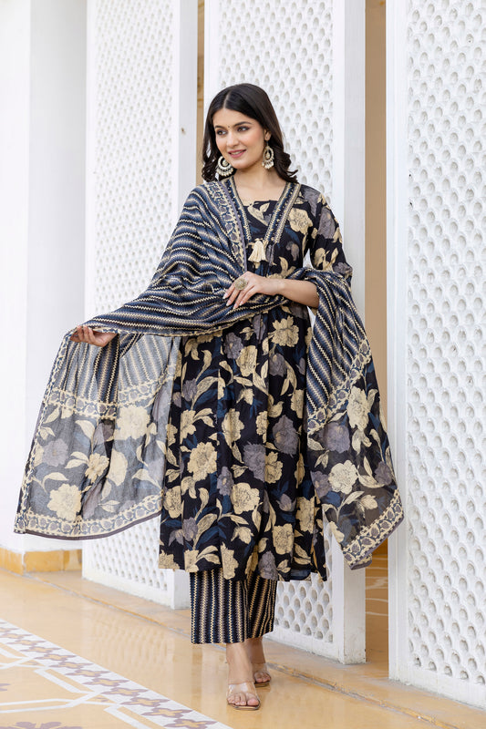 Pure cotton A-line Handwork kurta pant dupatta set