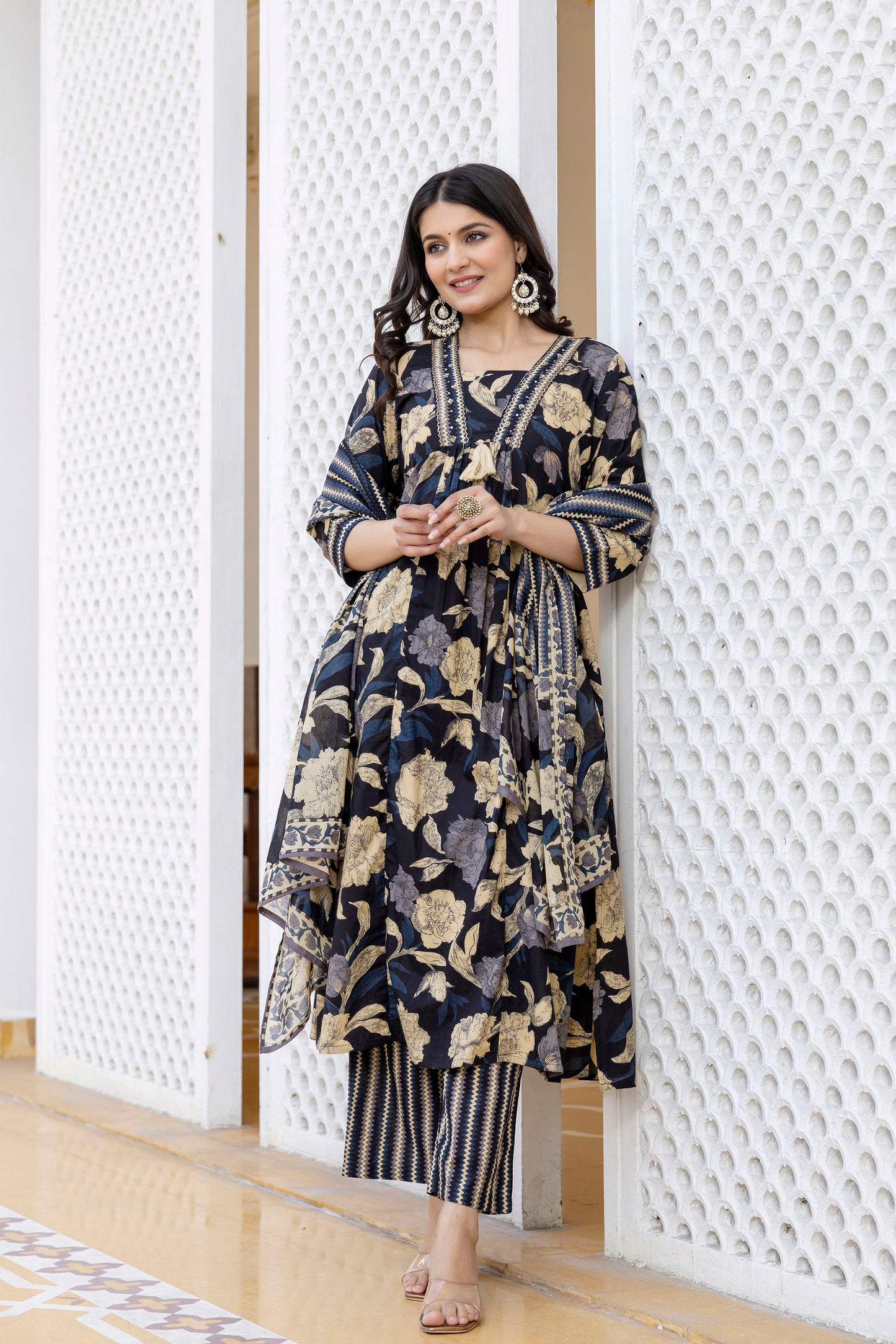 Pure cotton A-line Handwork kurta pant dupatta set