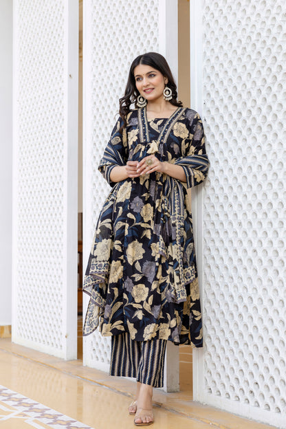 Pure cotton A-line Handwork kurta pant dupatta set