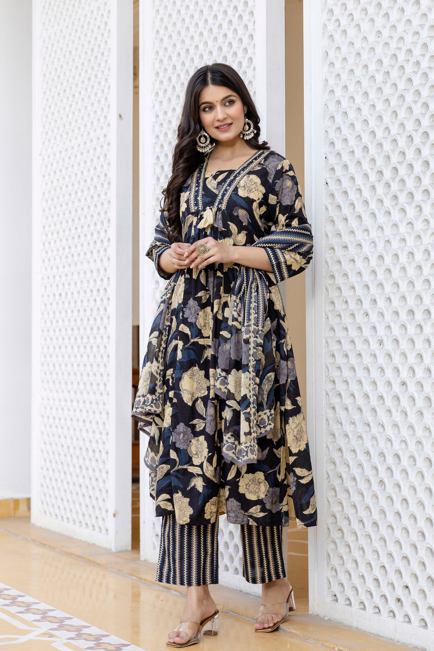 Pure cotton A-line Handwork kurta pant dupatta set