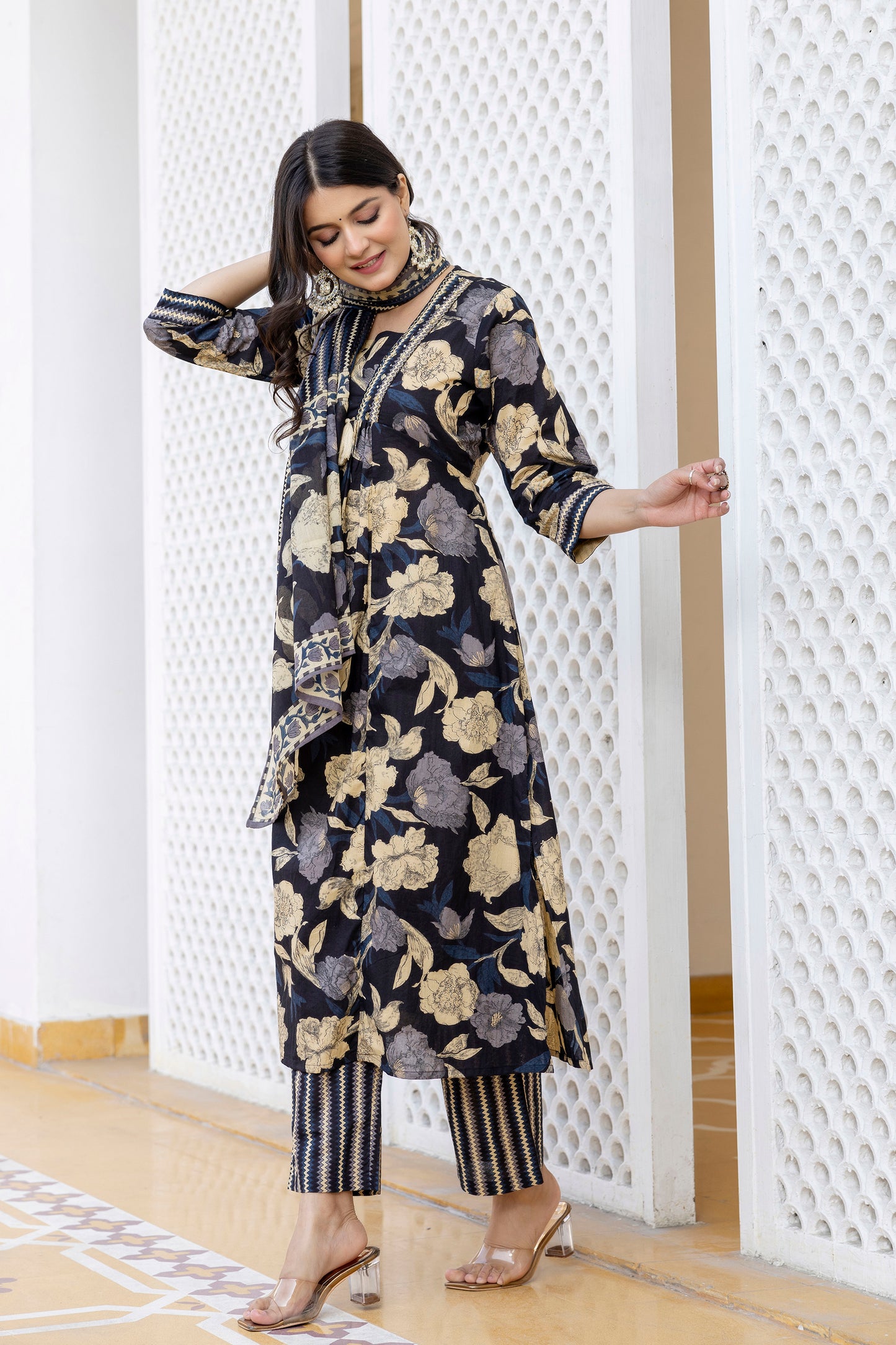 Pure cotton A-line Handwork kurta pant dupatta set