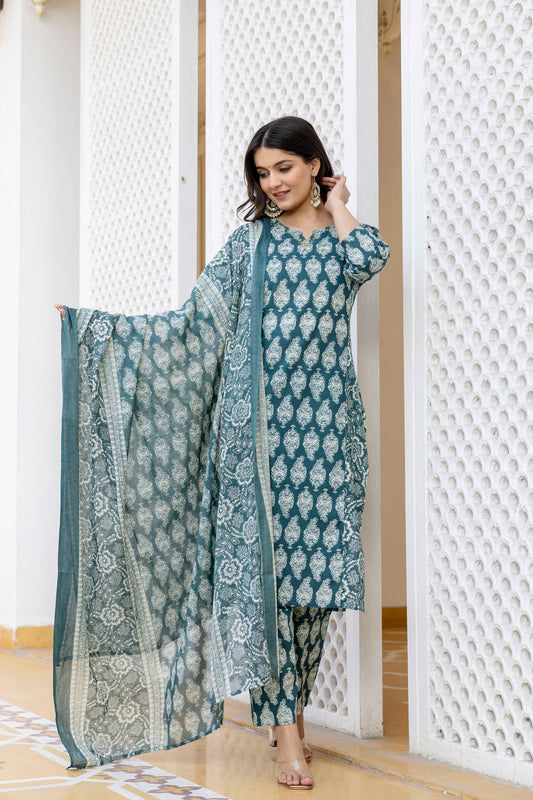 Pure cotton round neck hand work kurta pant dupatta set