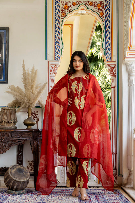 Pure Cotton Straight Thread Work Kurta Pant Dupatta Set