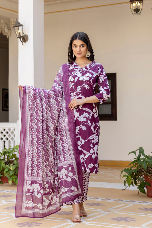 Pure Cotton V-Neck Mirror Handwork Kurta Pant Dupatta Set