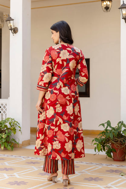 Pure cotton A-line Handwork kurta pant dupatta set