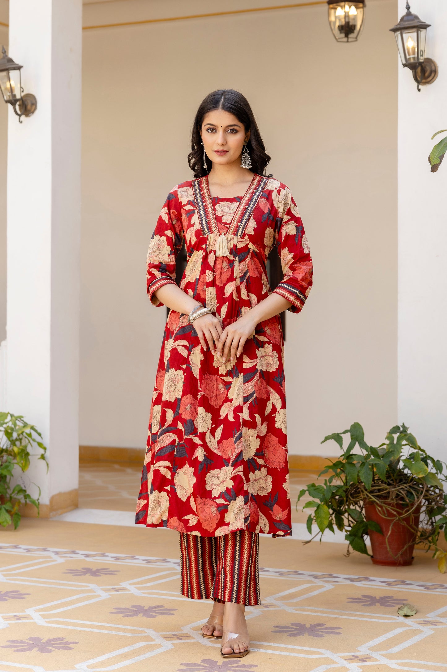 Pure cotton A-line Handwork kurta pant dupatta set