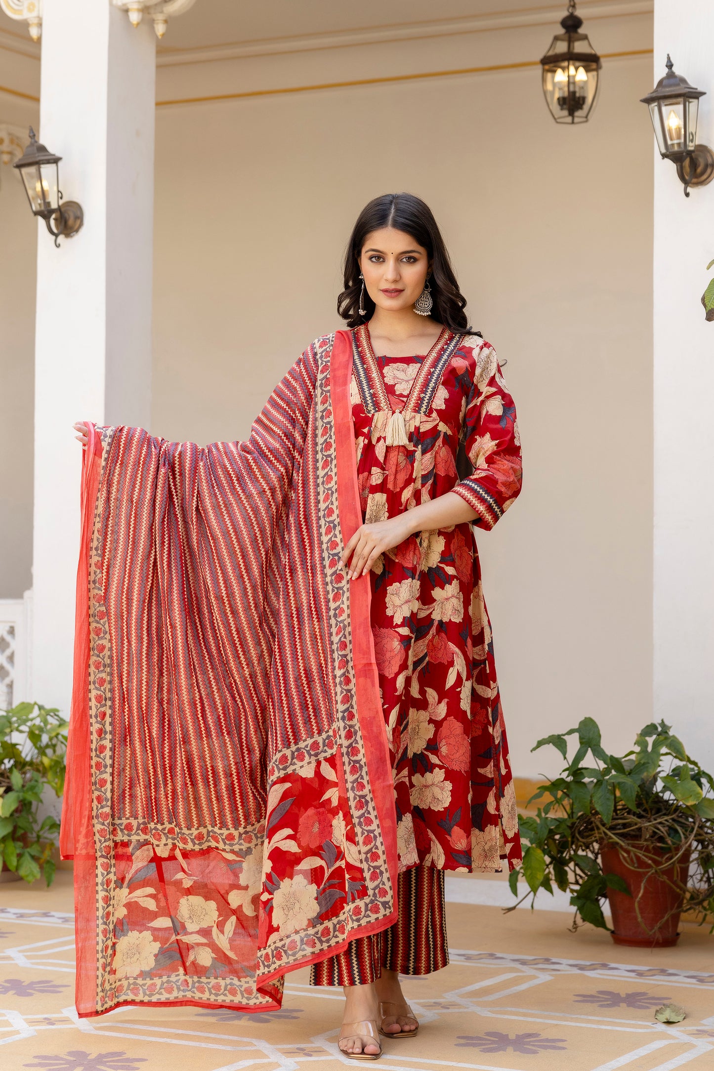 Pure cotton A-line Handwork kurta pant dupatta set