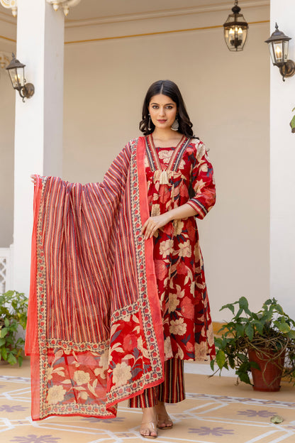 Pure cotton A-line Handwork kurta pant dupatta set