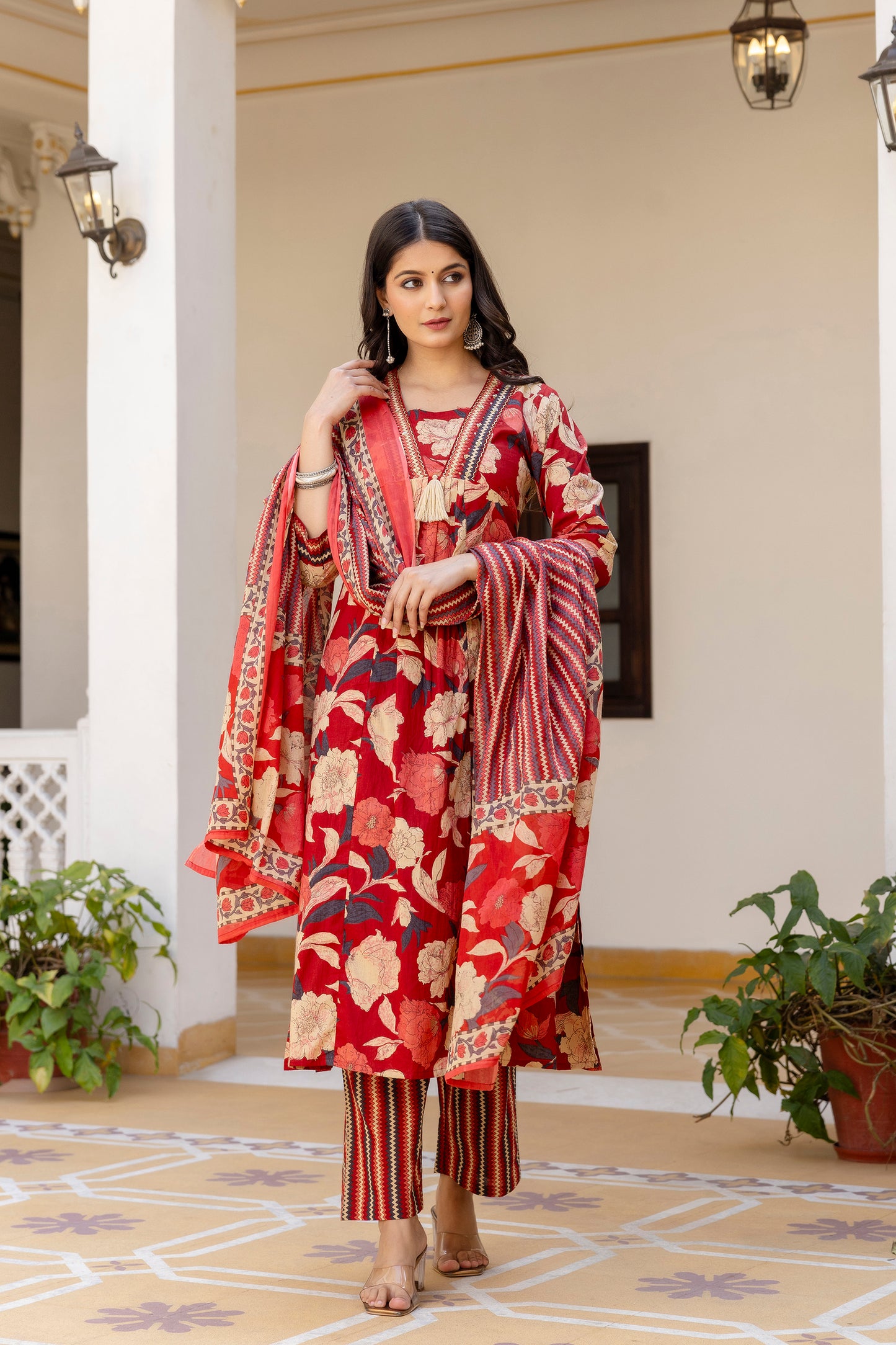 Pure cotton A-line Handwork kurta pant dupatta set