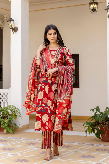 Pure cotton A-line Handwork kurta pant dupatta set