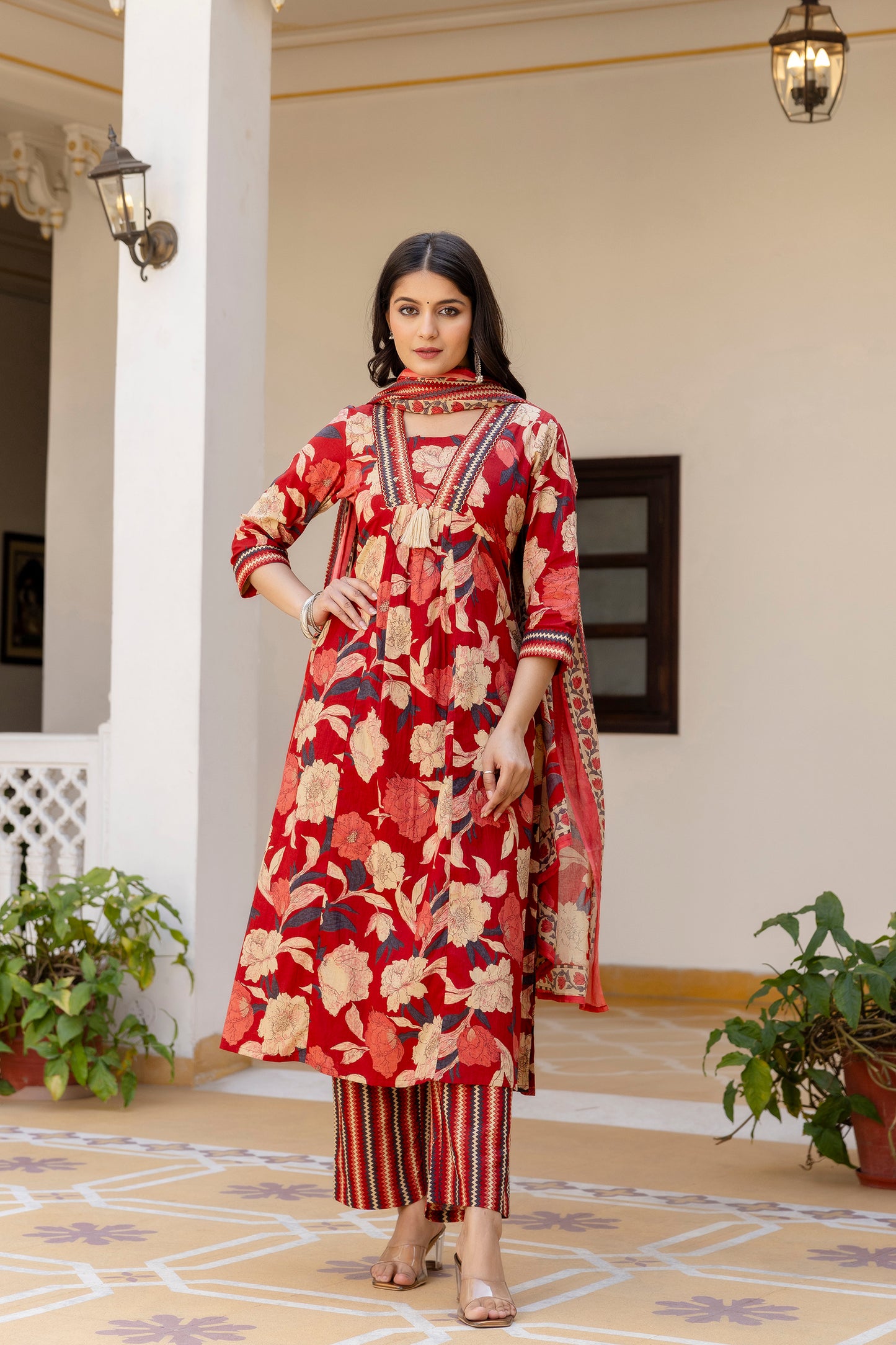 Pure cotton A-line Handwork kurta pant dupatta set