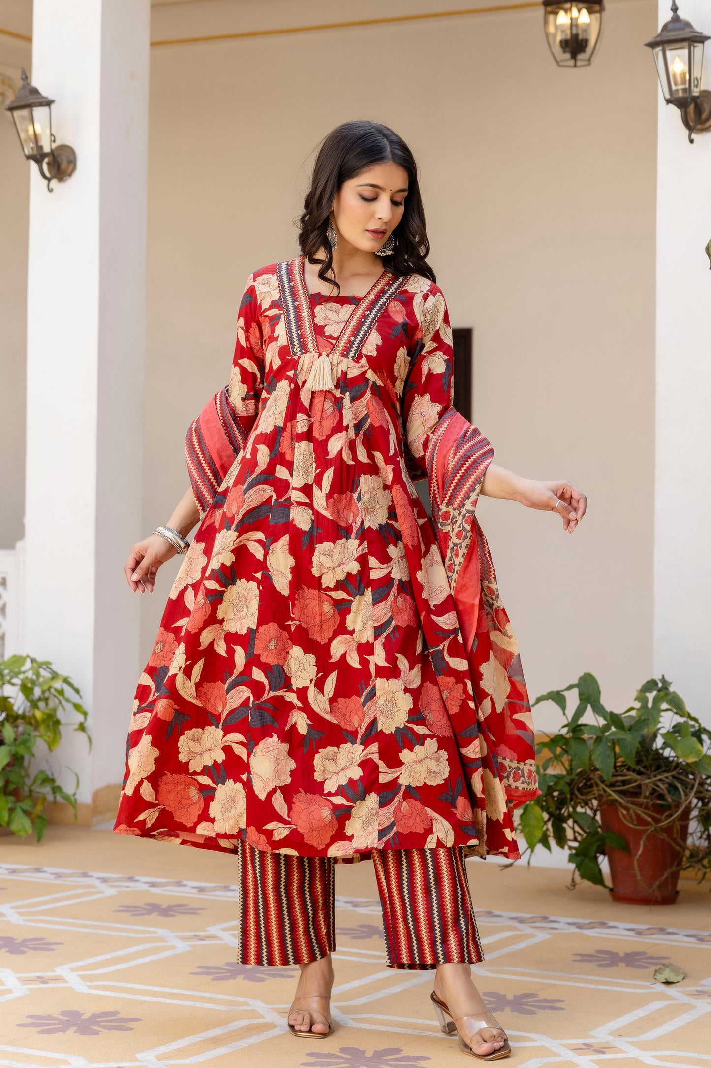 Pure cotton A-line Handwork kurta pant dupatta set