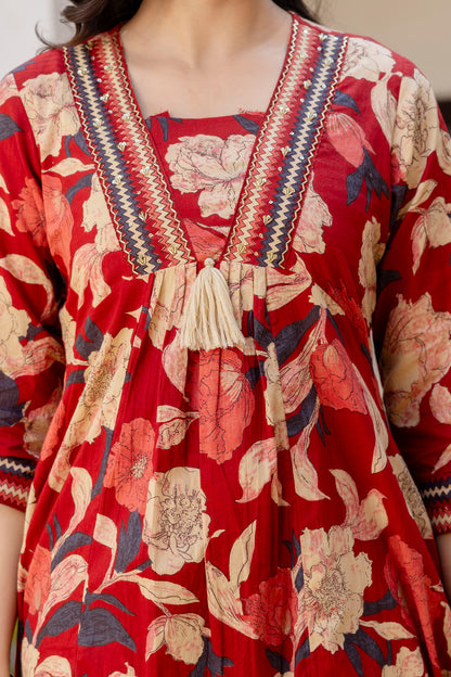 Pure cotton A-line Handwork kurta pant dupatta set