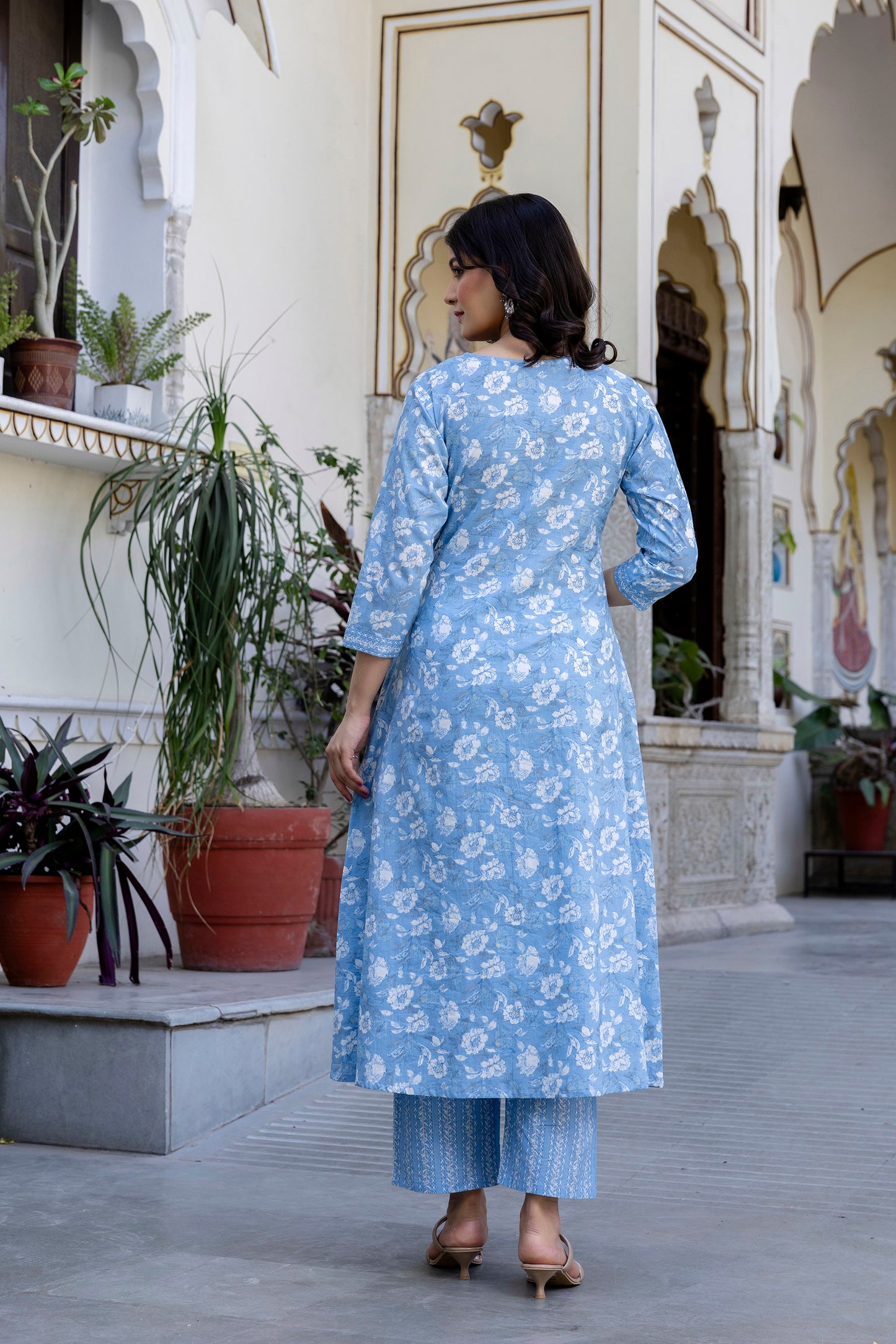 Pure Cotton Hand Work Angrakha Floral Kurta Pant Dupatta Set