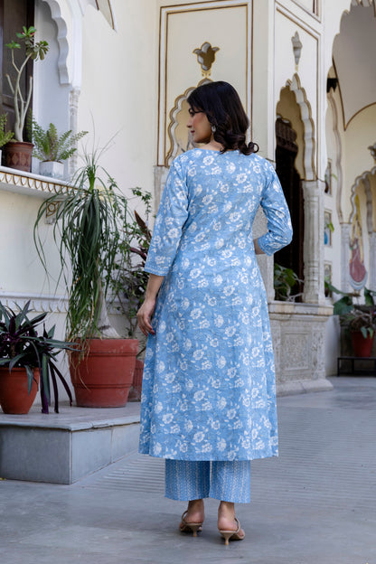 Pure Cotton Hand Work Angrakha Floral Kurta Pant Dupatta Set