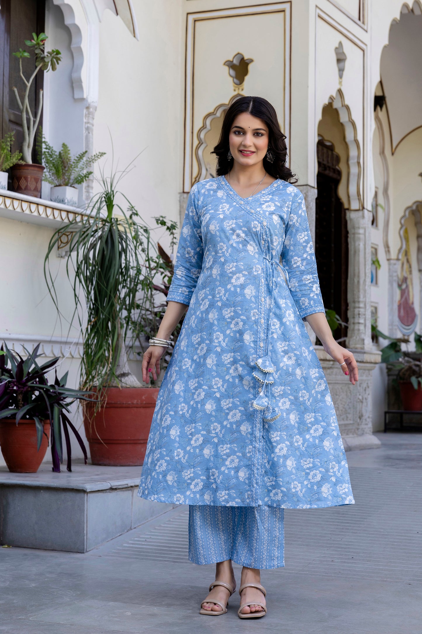 Pure Cotton Hand Work Angrakha Floral Kurta Pant Dupatta Set