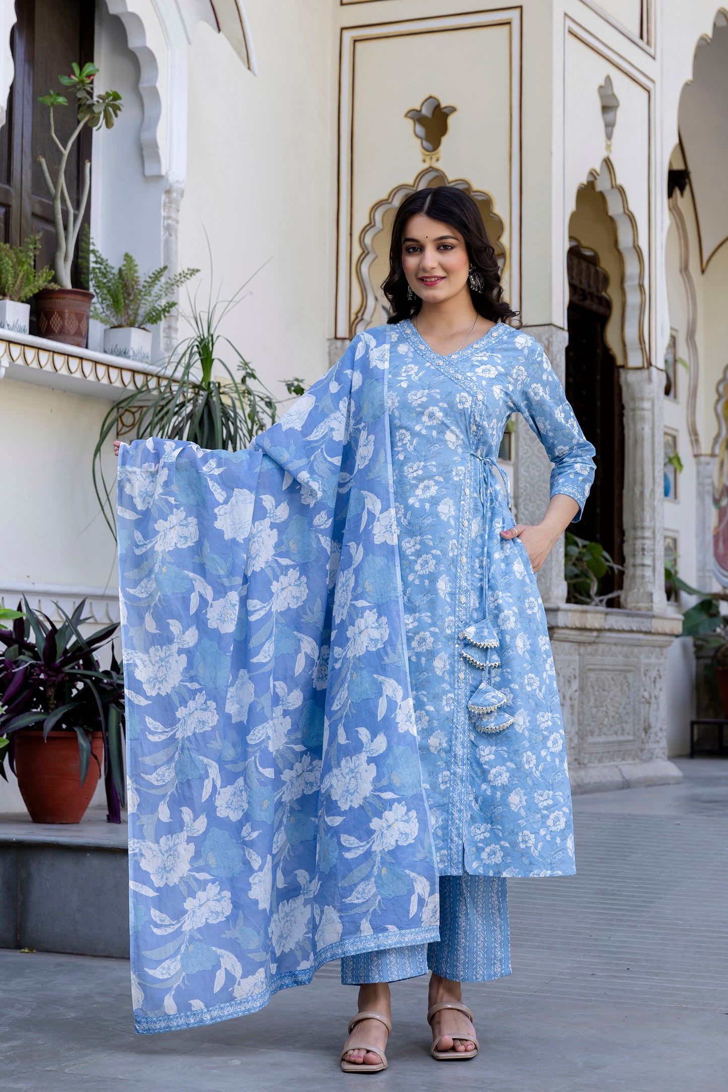 Pure Cotton Hand Work Angrakha Floral Kurta Pant Dupatta Set