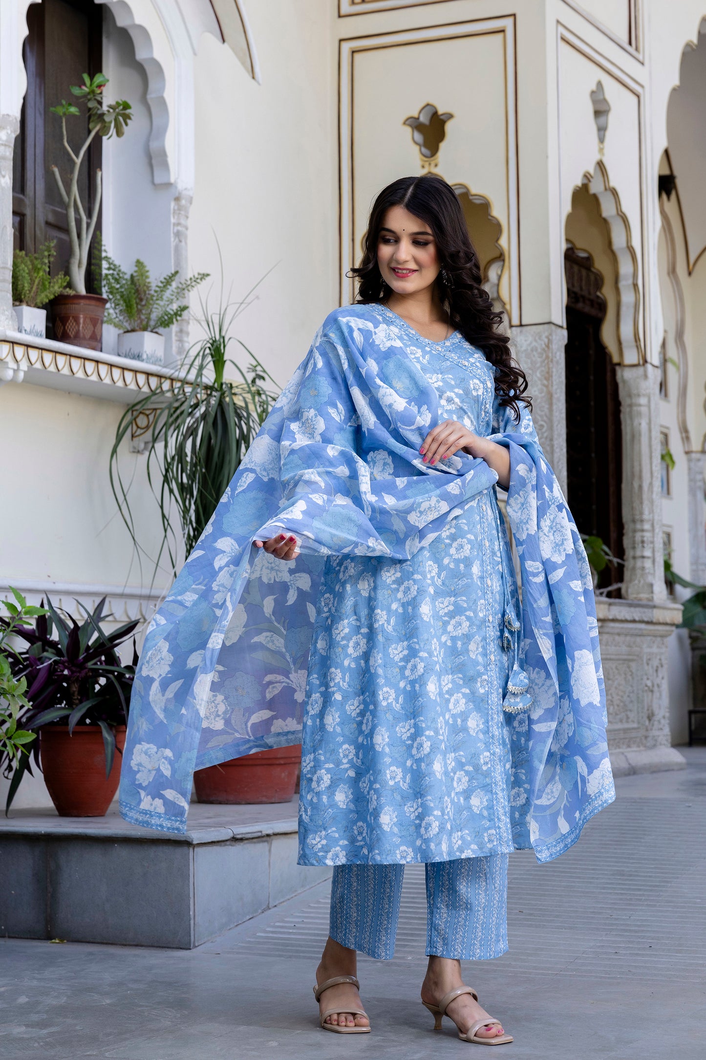 Pure Cotton Hand Work Angrakha Floral Kurta Pant Dupatta Set