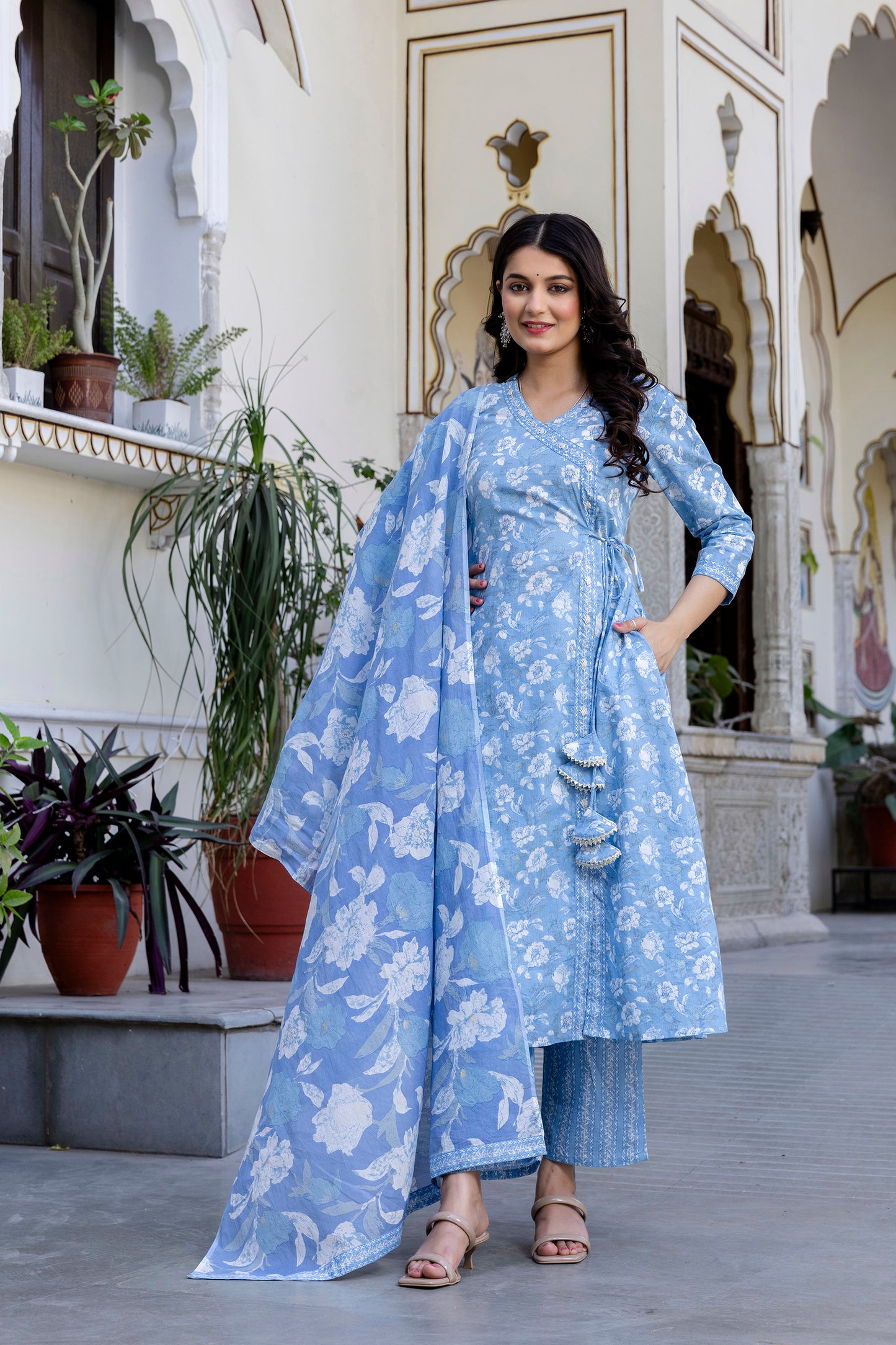 Pure Cotton Hand Work Angrakha Floral Kurta Pant Dupatta Set