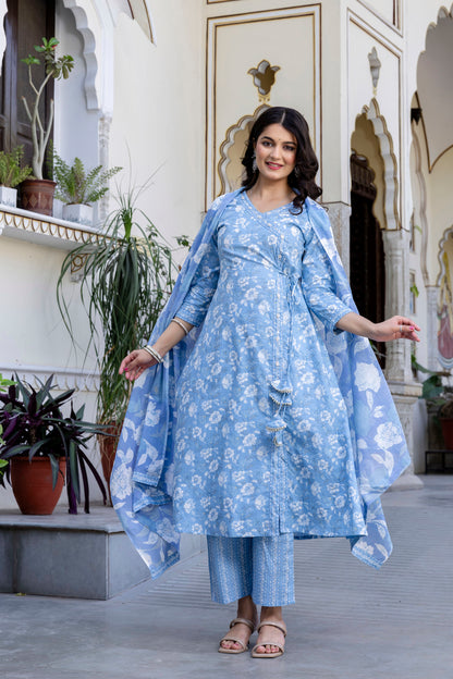 Pure Cotton Hand Work Angrakha Floral Kurta Pant Dupatta Set