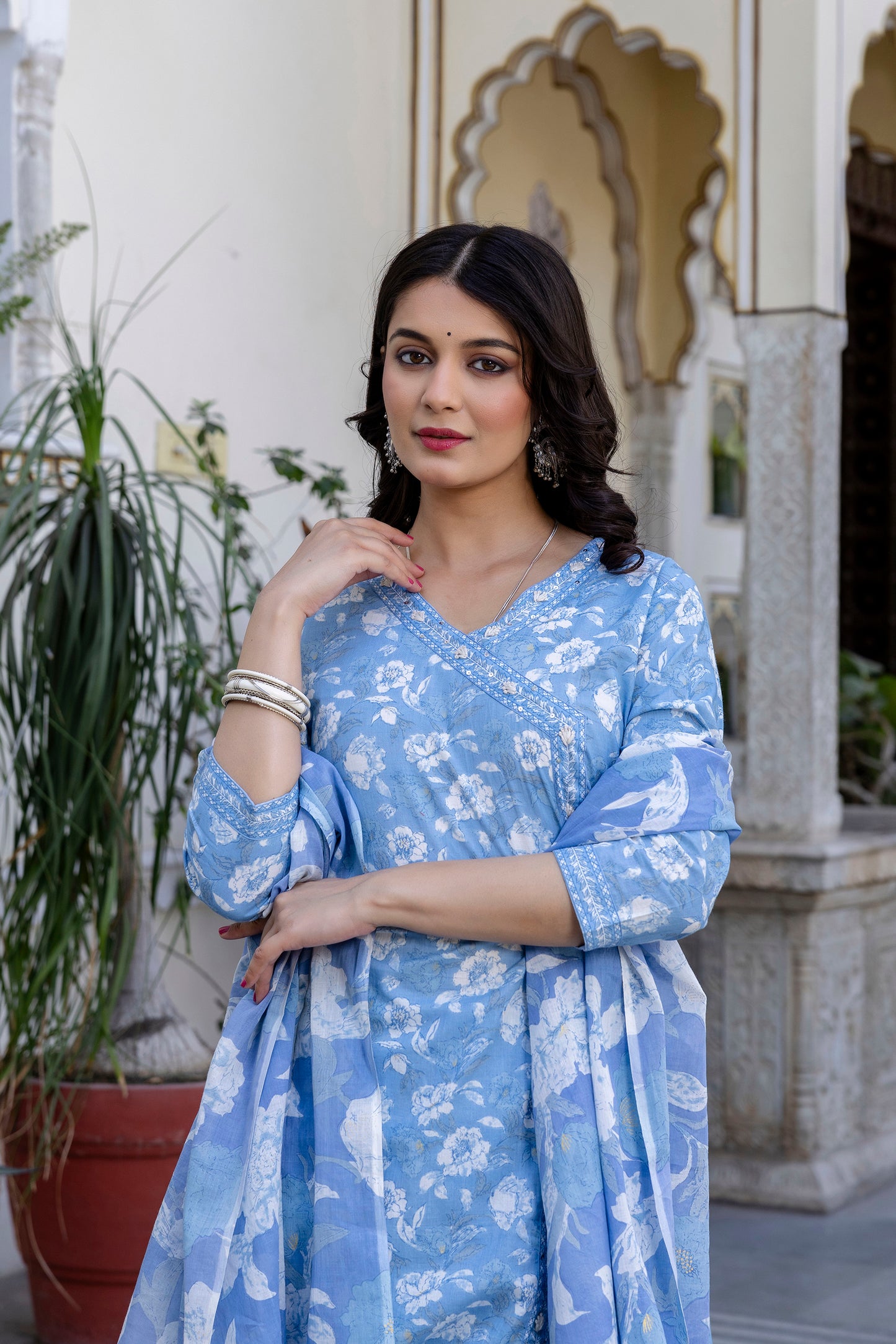 Pure Cotton Hand Work Angrakha Floral Kurta Pant Dupatta Set