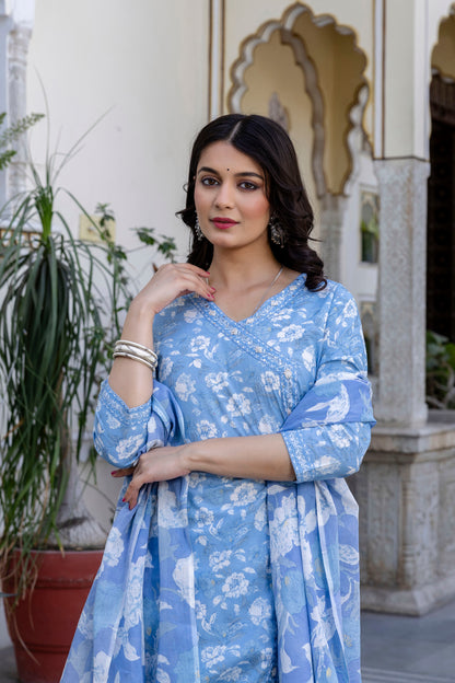 Pure Cotton Hand Work Angrakha Floral Kurta Pant Dupatta Set