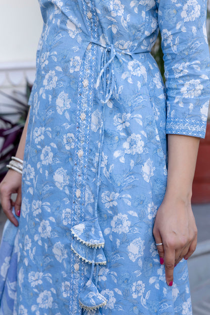 Pure Cotton Hand Work Angrakha Floral Kurta Pant Dupatta Set