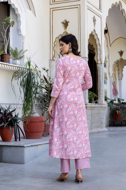 Pure Cotton Hand Work Angrakha Floral Kurta Pant Dupatta Set