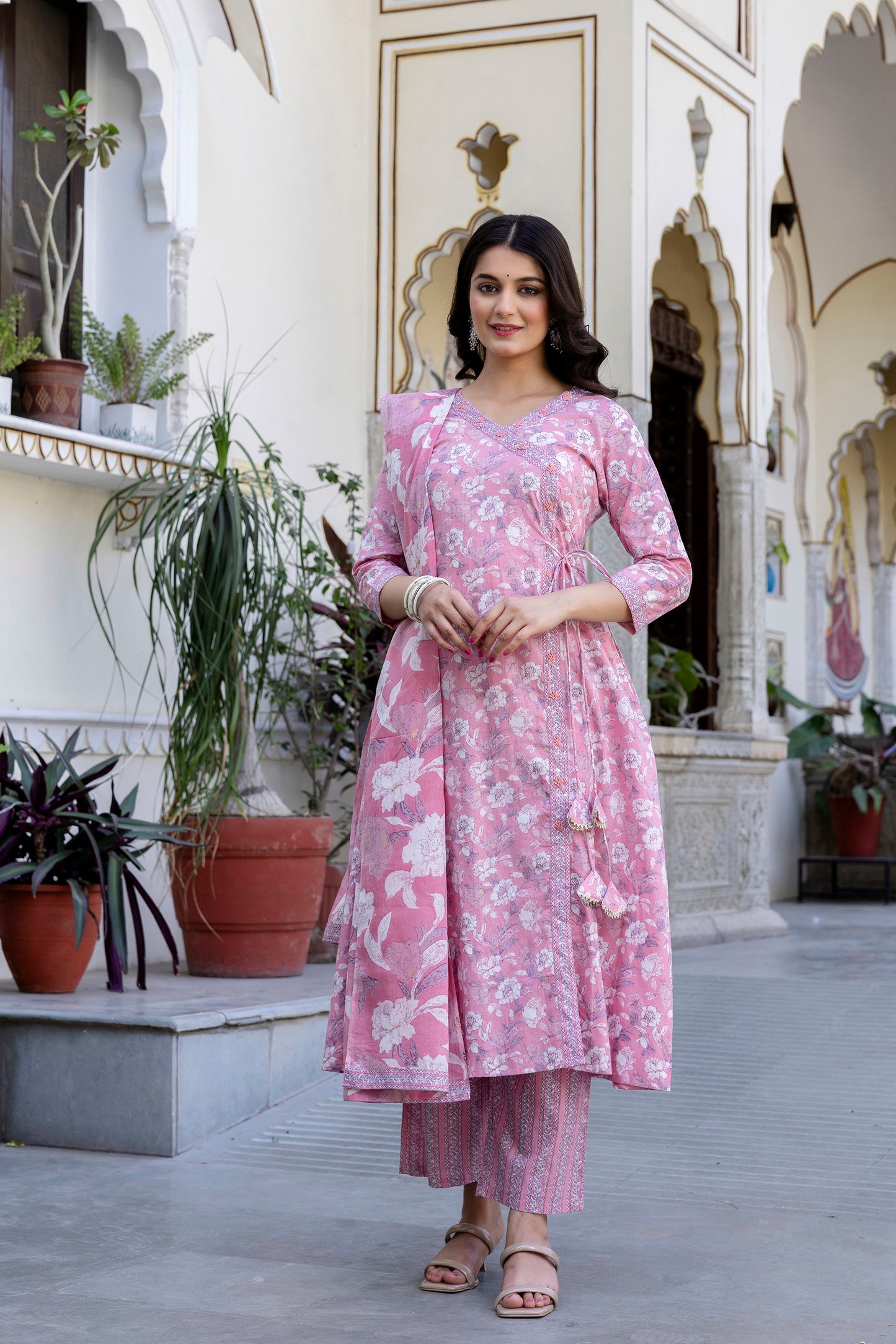 Pure Cotton Hand Work Angrakha Floral Kurta Pant Dupatta Set