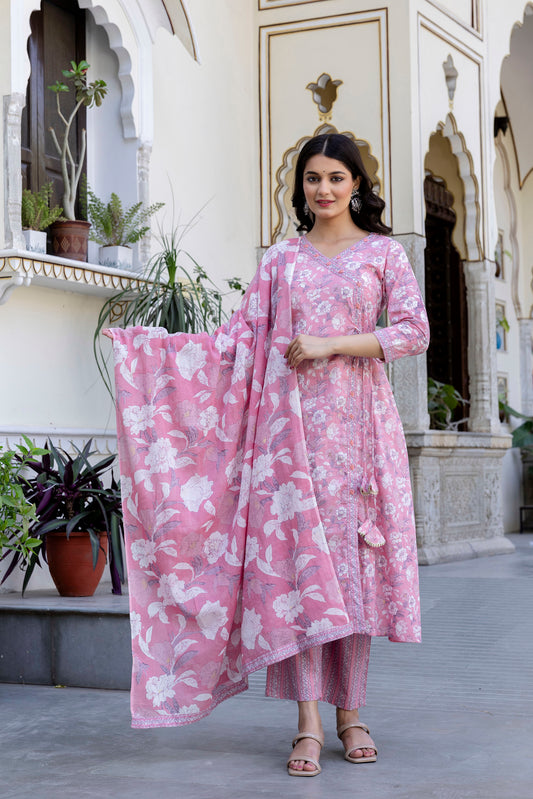 Pure Cotton Hand Work Angrakha Floral Kurta Pant Dupatta Set