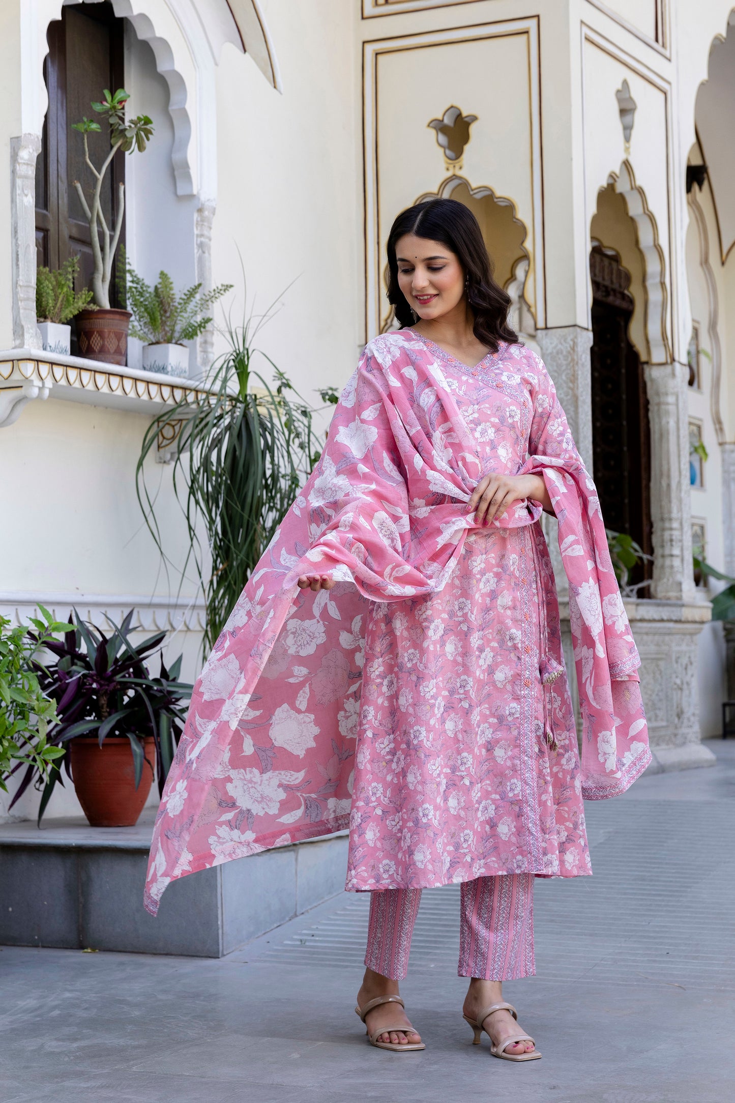 Pure Cotton Hand Work Angrakha Floral Kurta Pant Dupatta Set