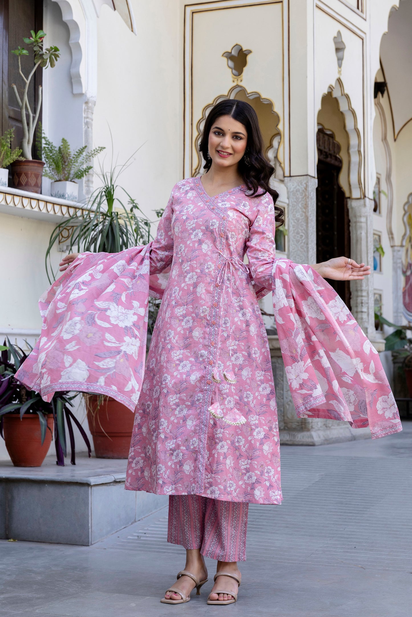 Pure Cotton Hand Work Angrakha Floral Kurta Pant Dupatta Set