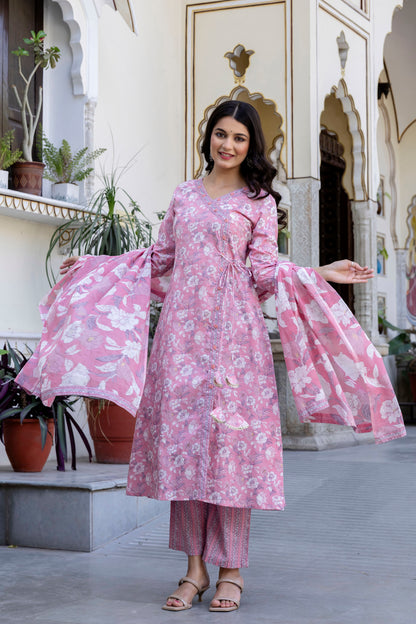 Pure Cotton Hand Work Angrakha Floral Kurta Pant Dupatta Set