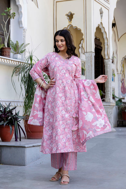 Pure Cotton Hand Work Angrakha Floral Kurta Pant Dupatta Set