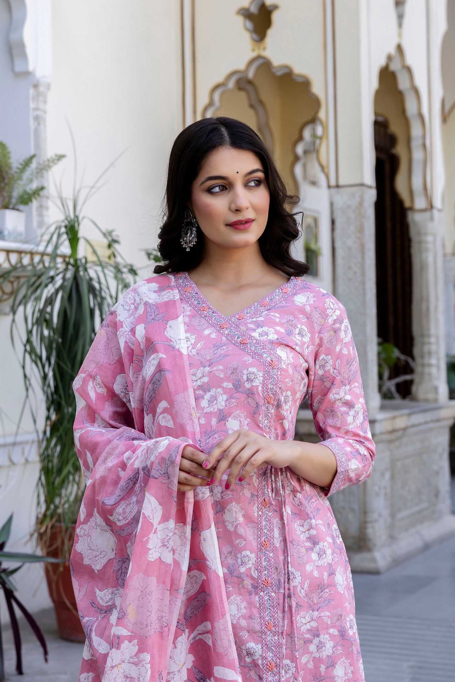 Pure Cotton Hand Work Angrakha Floral Kurta Pant Dupatta Set