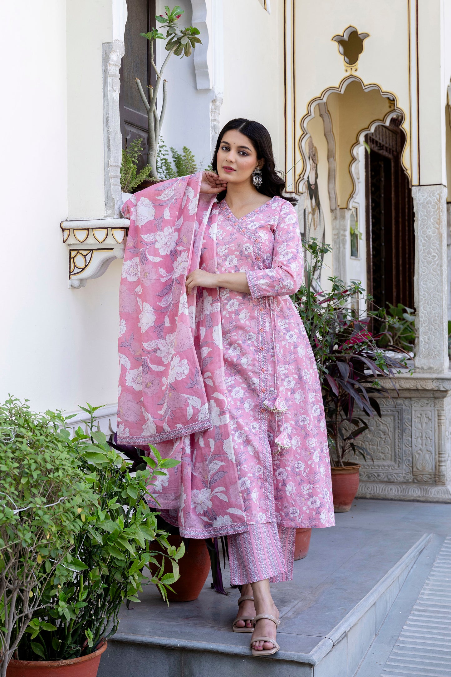 Pure Cotton Hand Work Angrakha Floral Kurta Pant Dupatta Set